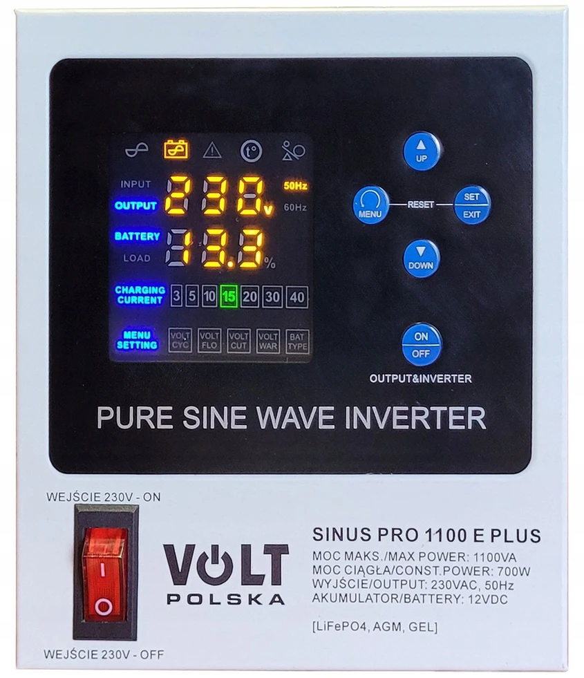 Carruzzo VOLT POLSKA SINUSPRO 1100E PLUS 12/230V (700/1100W) keitiklis [AGM, GEL, LiFePO4]