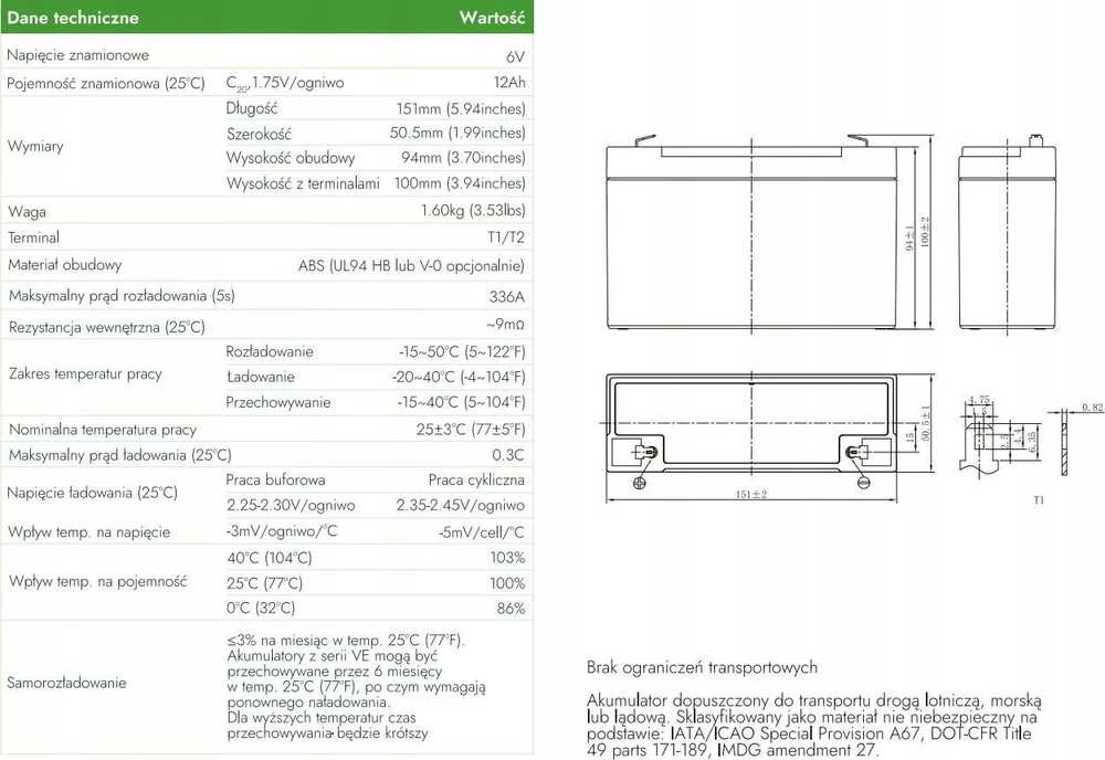 voltage AGM įtampos 6V 12Ah VE6-12 baterija (eksploatavimo trukmė 6-9 metai)