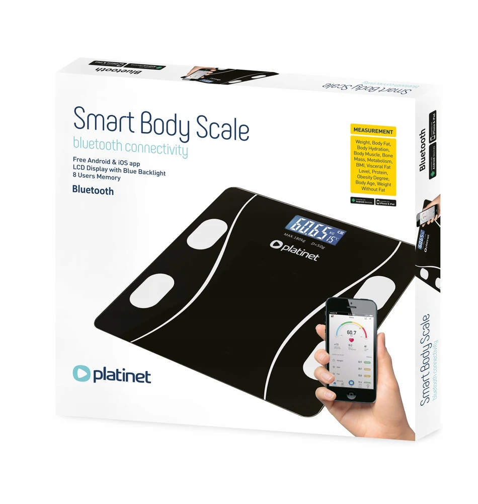 Vonios svarstyklės Platinet PLATINET WAGA BATHROOM SMART BODY SCALE 180KG 26X26CM WITH APP BLUETOOTH Juodas 46021