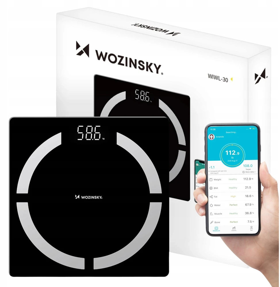 Virtuvinės svarstyklės Wozinsky WIWL-30 išmaniosios vonios svarstyklės su „Bluetooth“ – Juodas