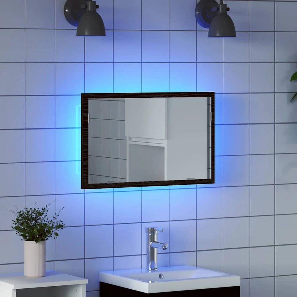 Vonios veidrodis su LED lemputėmis, juodo ąžuolo spalvos, 60x8,5x37 cm