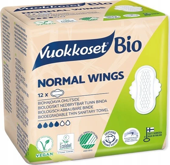 Vuokkoset Organic* higieniniai įklotai su sparneliais, normalūs, 2 vnt. pakuotėje, 2 x 12 vnt.