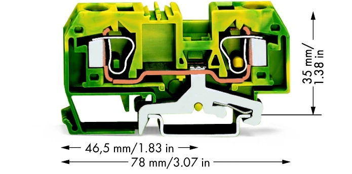 Wago PE jungtis 284-907 skerspjūvio schema su matmenimis