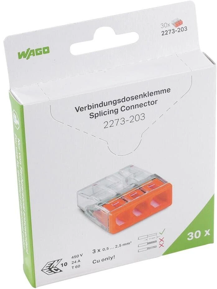 Wago 2273-203/995-030 Greito prijungimo jungtis 3x 0.5-2.5mm2 skaidri/oranžinė 2273-203 /pakuotė 30 vnt./ 2273-203/995-030