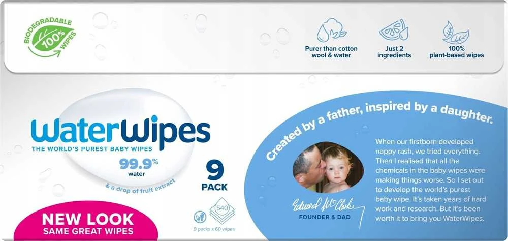 WATER WIPES WATERWIPES DRĖGNOS SERVETĖLĖS 9 PAKUOTĖS PO 60 VNT. BIODEGRADABLE