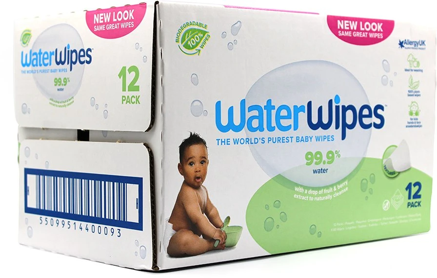 WATER WIPES WATERWIPES BEKAVAPĖS DRĖGNOS SERVETĖLĖS 12 PAKUOČIŲ PO 60 VNT. SENSITIVE