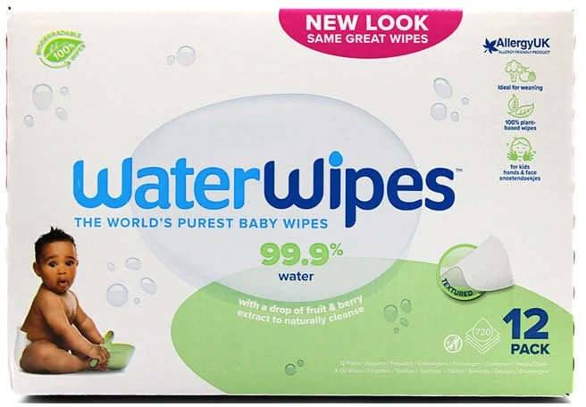 WATER WIPES WATERWIPES BEKAVAPĖS DRĖGNOS SERVETĖLĖS 12 PAKUOČIŲ PO 60 VNT. SENSITIVE