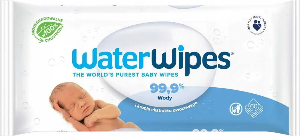 WATER WIPES WATERWIPES DRĖGNOS SERVETĖLĖS 9 PAKUOTĖS PO 60 VNT. BIODEGRADABLE