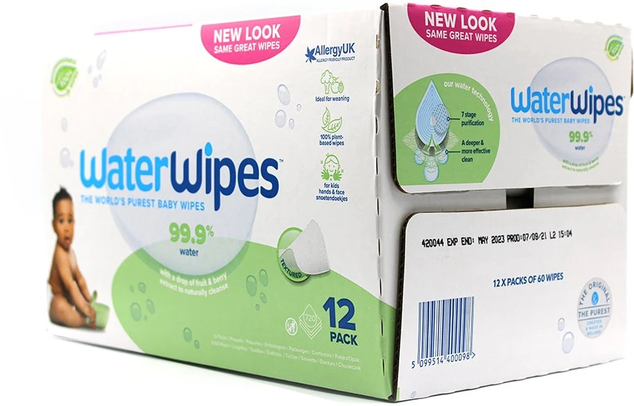 WATER WIPES WATERWIPES BEKAVAPĖS DRĖGNOS SERVETĖLĖS 12 PAKUOČIŲ PO 60 VNT. SENSITIVE