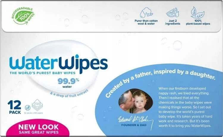 WATER WIPES WATERWIPES DRĖGNOS SERVETĖLĖS 12 PAKUOČIŲ PO 60 VNT. BIODEGRADABLE