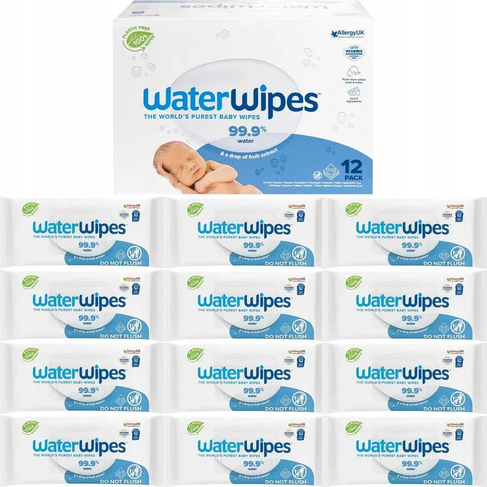 WATER WIPES WATERWIPES DRĖGNOS SERVETĖLĖS 12 PAKUOČIŲ PO 60 VNT. BIODEGRADABLE