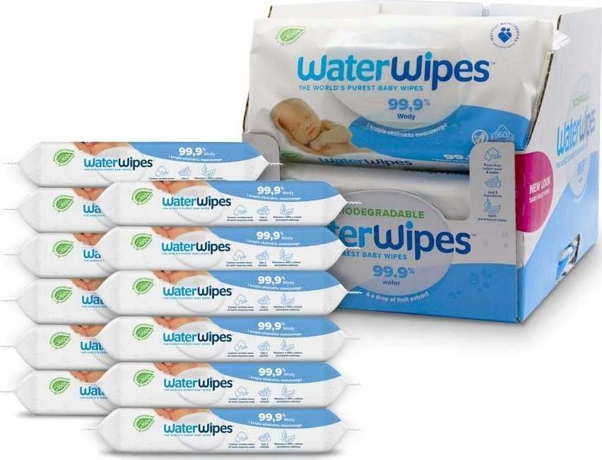 WATER WIPES WATERWIPES DRĖGNOS SERVETĖLĖS 12 PAKUOČIŲ PO 60 VNT. BIODEGRADABLE