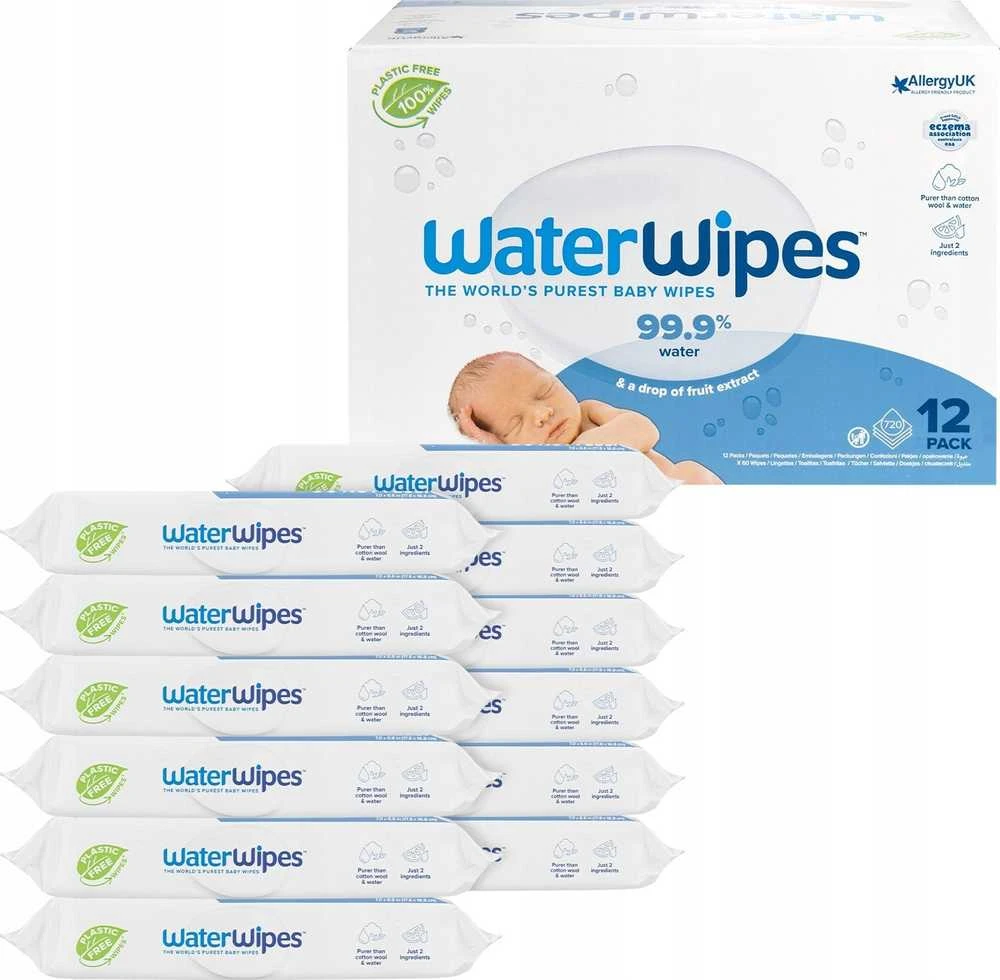 WATER WIPES WATERWIPES DRĖGNOS SERVETĖLĖS 12 PAKUOČIŲ PO 60 VNT. BIODEGRADABLE