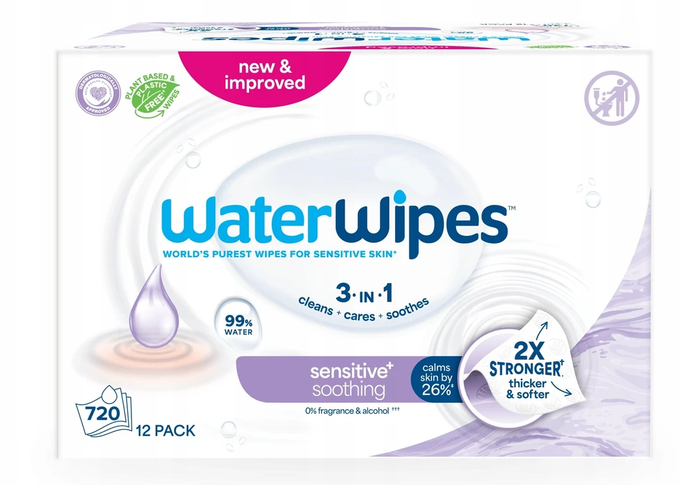WATER WIPES Sensitive+ raminančios drėgnos servetėlės su levandomis, 12 x 60 vnt.