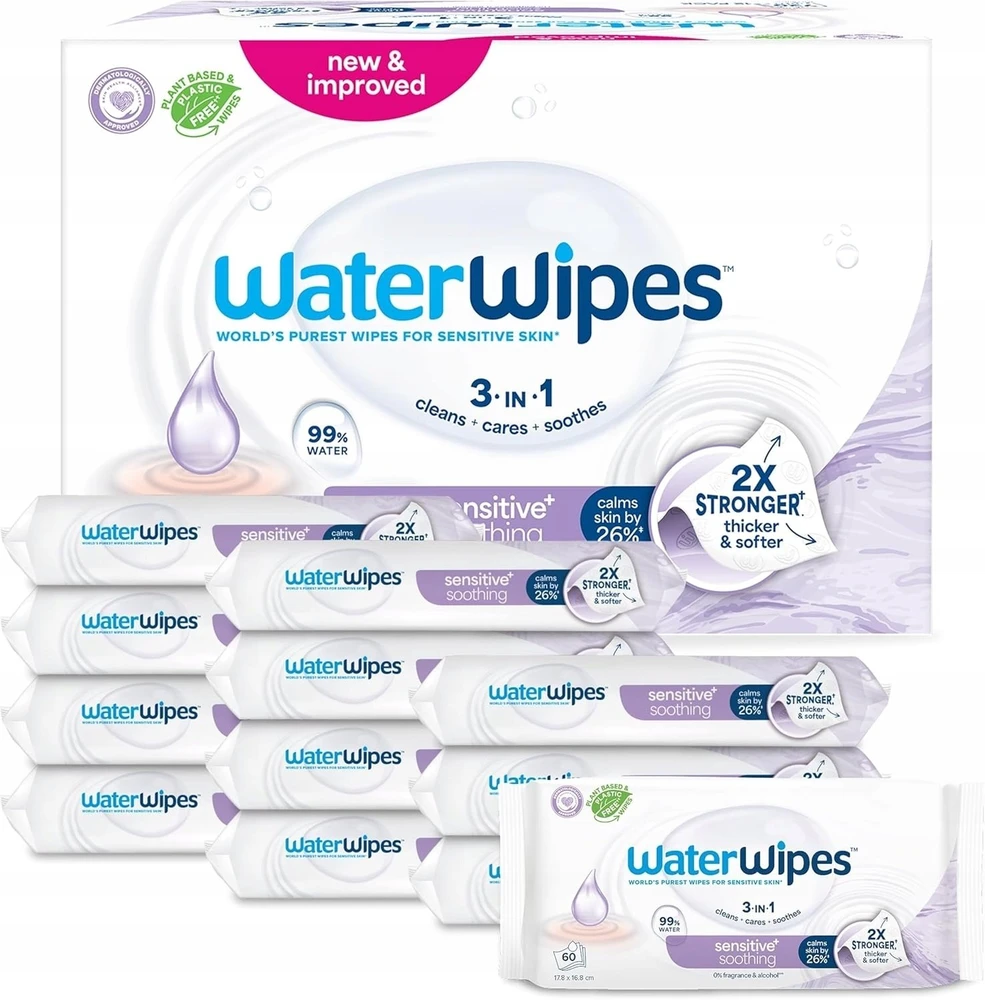 WATER WIPES Sensitive+ raminančios drėgnos servetėlės su levandomis, 12 x 60 vnt.