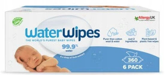 WATER WIPES WATERWIPES DRĖGNOS SERVETĖLĖS 6 PAKUOTĖS PO 60 VNT. BIODEGRADABLE
