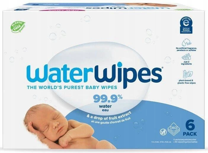 WATER WIPES WATERWIPES DRĖGNOS SERVETĖLĖS 6 PAKUOTĖS PO 60 VNT. BIODEGRADABLE
