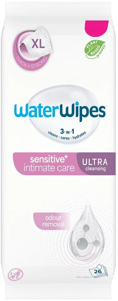 WATER WIPES „Sensitive+ Intimate Care“ intymios higienos servetėlės žmonėms, turintiems šlapimo nelaikymo problemų, 26 vnt.