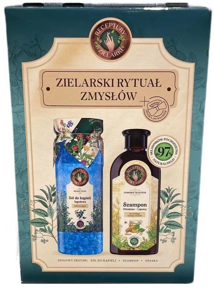 Waterclouds Receptury Zielarki „Herbal Ritual of the Senses“ rinkinys: medaus ir laimo šampūnas visiems plaukų tipams 350 ml + mėlynių vonios druska 700 g + plaukų juosta su kaspinu 1 vnt.
