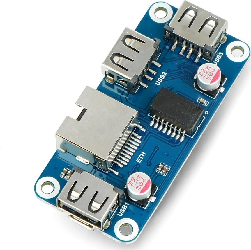 Ethernet/USB (B) HUB - 3xUSB 1xRJ45 Ethernet - priekinės dalies priedėlis, skirtas Raspberry Pi - Waveshare 20416