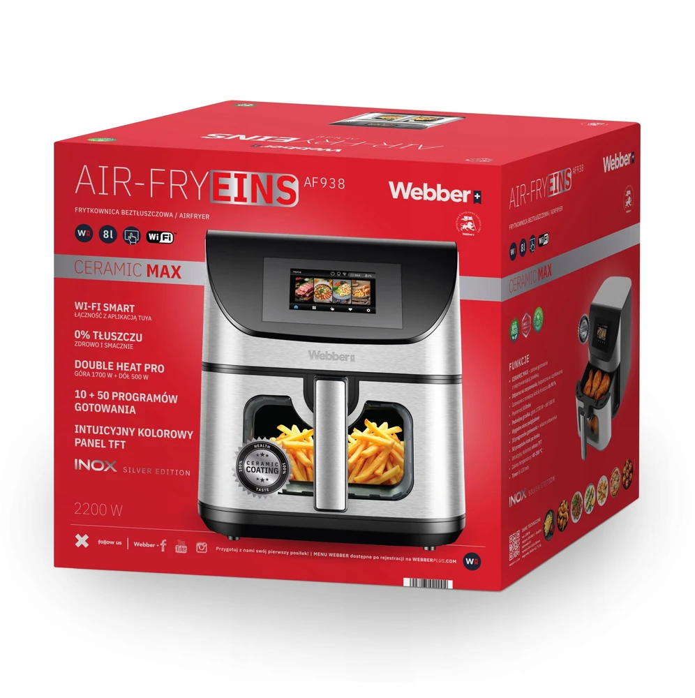Gruzdintuvė Orkaitė be aliejaus Webber ORKAITĖ BE ALIEJAUS AIR FRYER 8L WIFI NEPRILIPANTI 10 P 2200W
