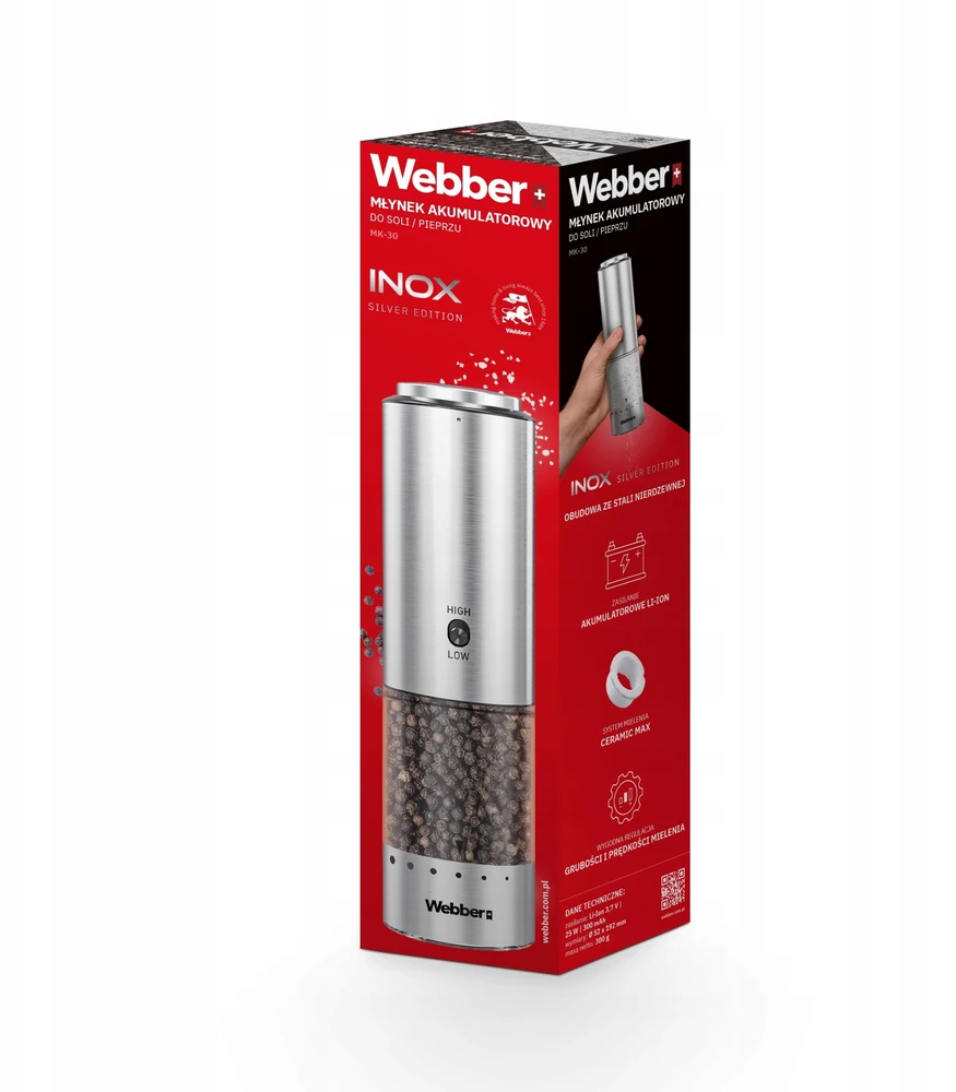 Prieskonių malūnėlis Webber MŁYNEK DO PIEPRZU I SOLI ELEKTRYCZNY AKUMULATOROWY USB MŁYNEK DO SOLI