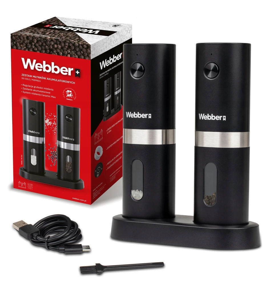 „Webber“ prieskonių malūnėlis, elektrinis pipirų ir druskos malūnėlis, maitinamas baterijomis, USB, 2 vnt., „WEBBER PREMIUM“