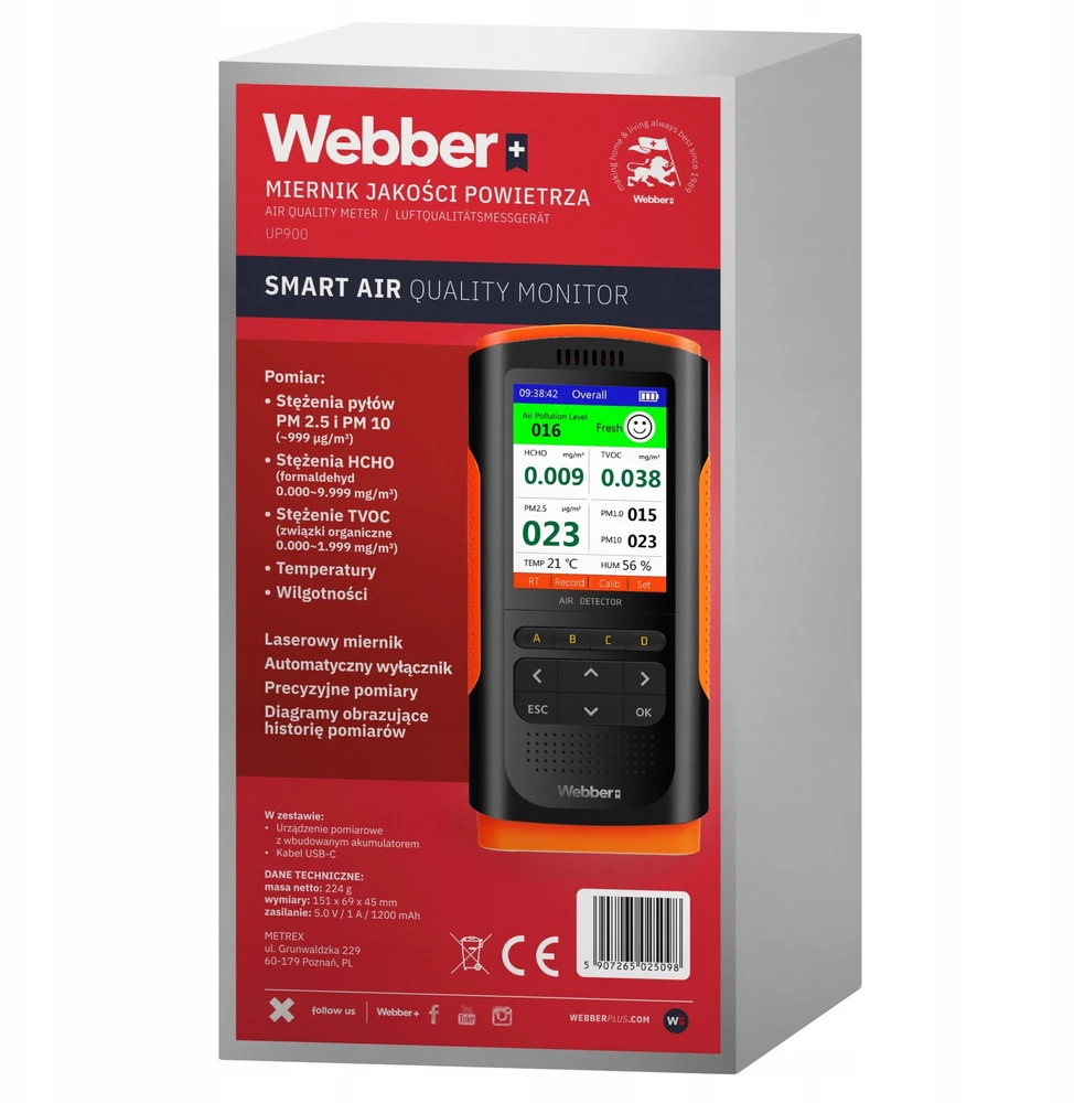 Webber Oro kokybės stotelė UP900 7in1 PM2.5 PM10 HCHO TVOC USB Webber