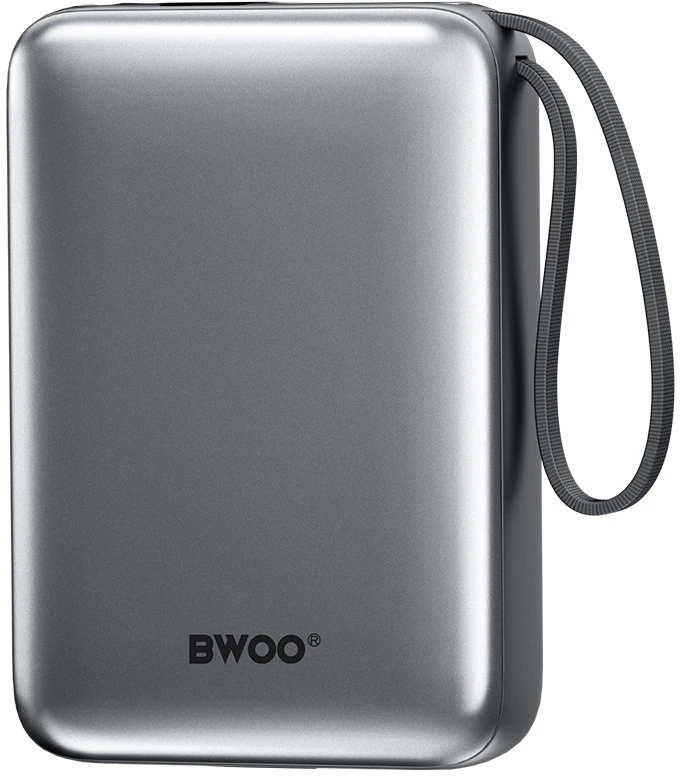 „Wekome BWOO“ nešiojama baterija P73 22,5 W, 20000 mAh, su 2 integruotais laidais, 1 x USB-C, 1 x „Lightning“ jungtimi.