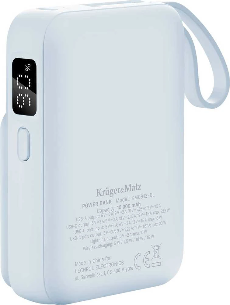 POWER BANK indukcinis Kruger & Matz 10000 mAh Mag Safe su mėlynu kabeliu