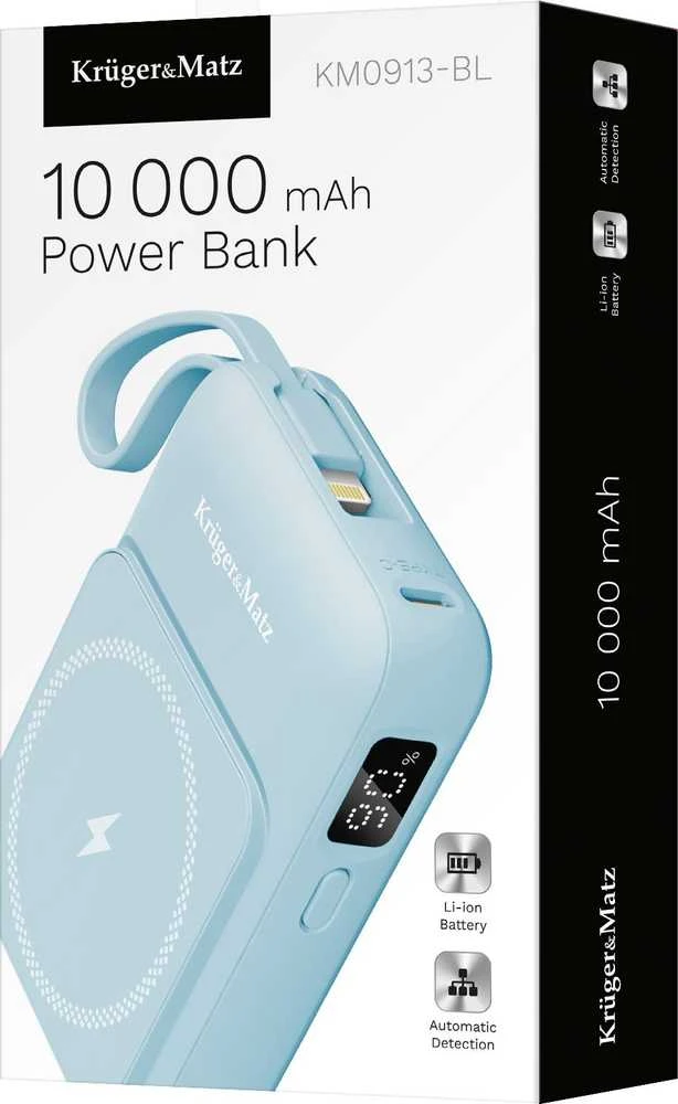 POWER BANK indukcinis Kruger & Matz 10000 mAh Mag Safe su mėlynu kabeliu
