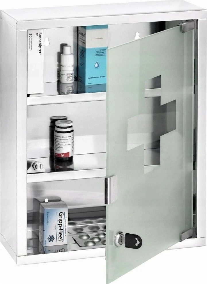 First Trijų lygių vaistinėlė, Kabantis pirmosios pagalbos vaistinėlė MEDICINŲ KRŪTINĖ su raktu - 30 x 12 x 40 cm, WENKO