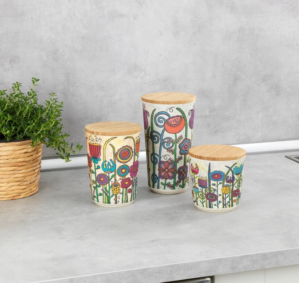 Wenko Bamboo 3 laikymo konteinerių su bambukiniu dangčiu rinkinys GARDEN