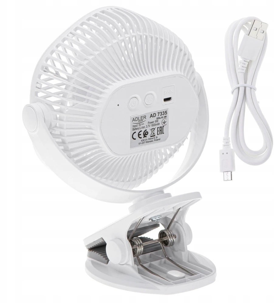 Adler AD 7335 Baterijos ventiliatorius 5/12,7 cm su spaustuku - USB / LED