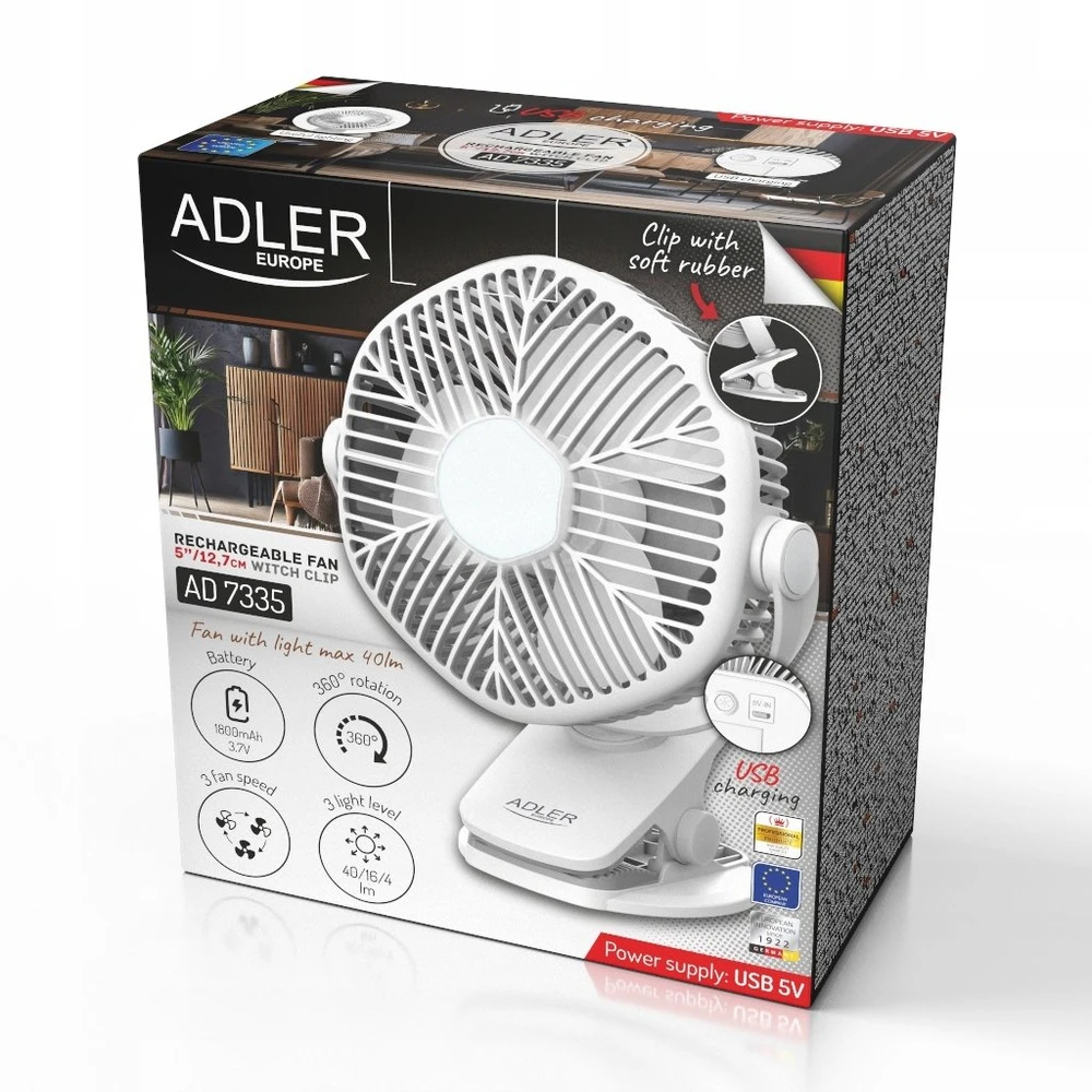 Adler AD 7335 Baterijos ventiliatorius 5/12,7 cm su spaustuku - USB / LED