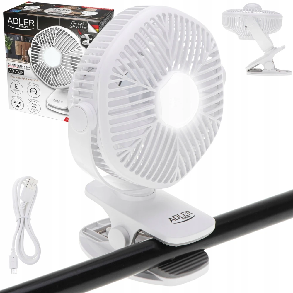 Adler AD 7335 Baterijos ventiliatorius 5/12,7 cm su spaustuku - USB / LED
