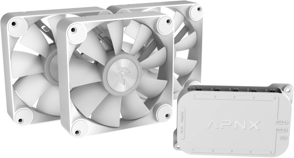 APNX FP1-R PWM ventiliatorius, atvirkštinės mentės, PWM, ARGB – 3 vnt. pakuotė, Baltas