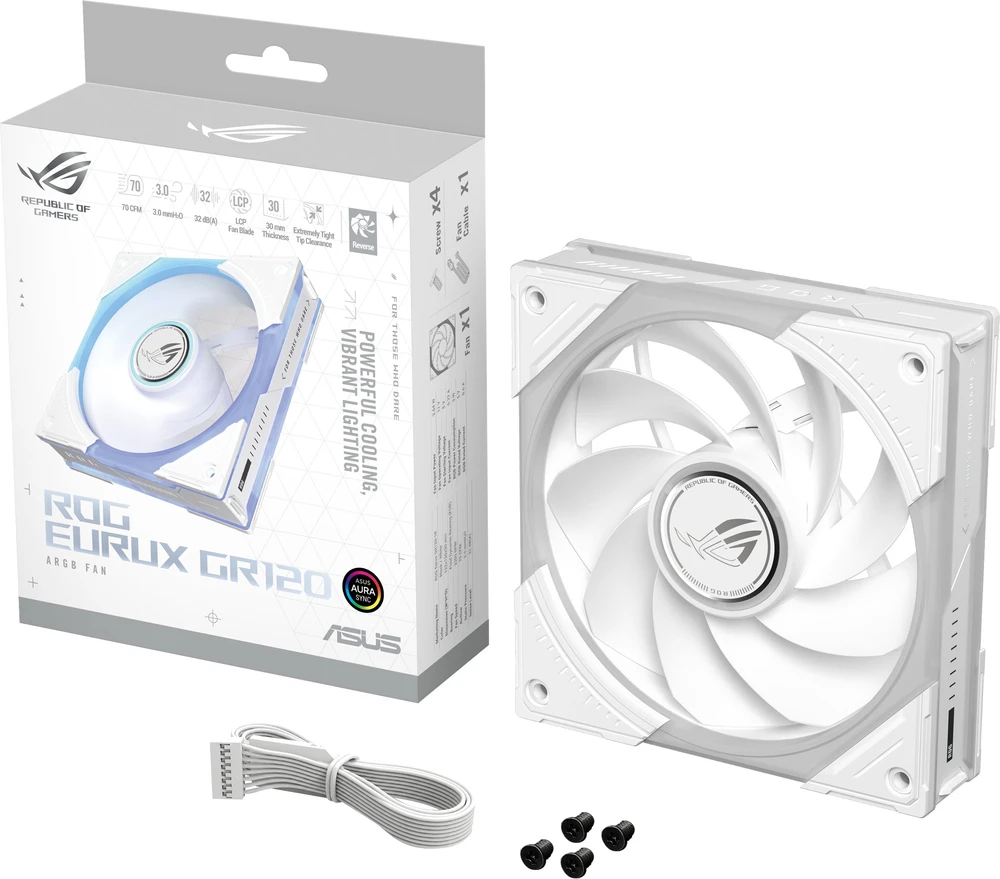 ASUS ROG Eurux GR120 ARGB atbulinis ventiliatorius Baltas leidimas, 120 mm, vienetas