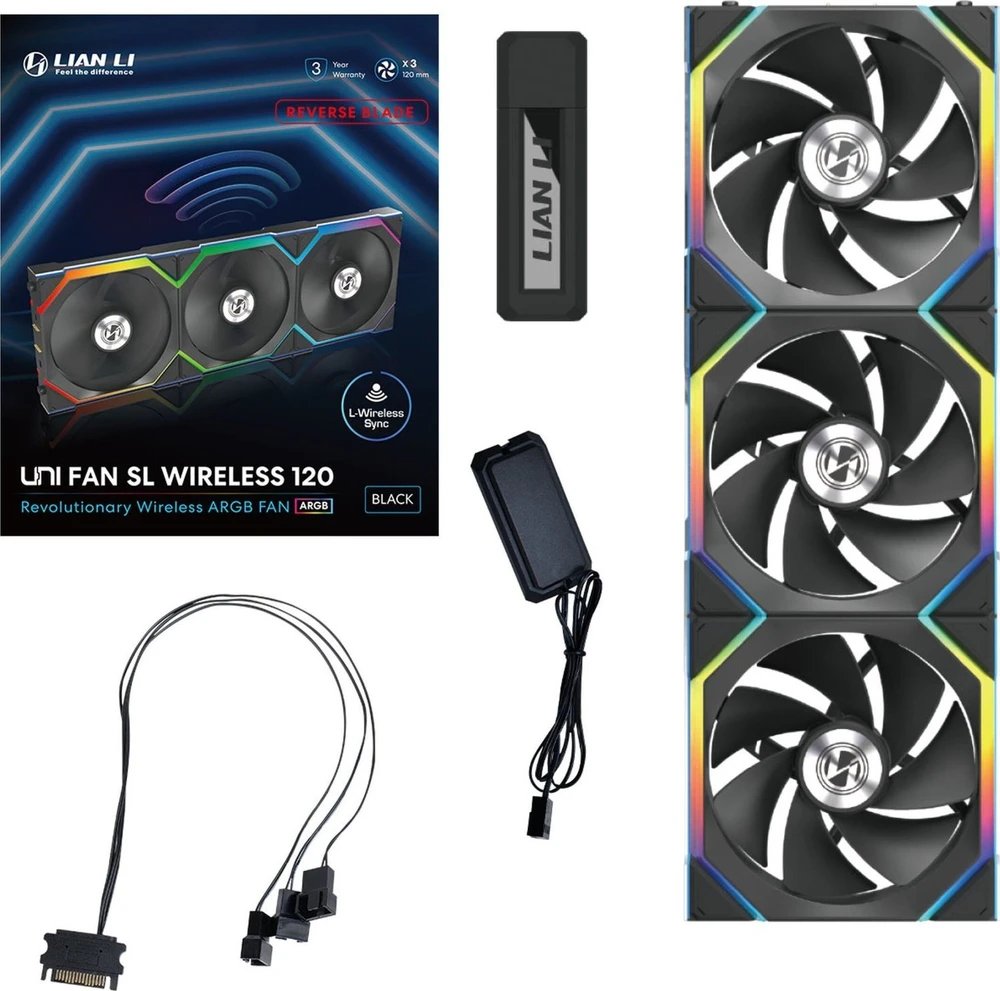 Lian Li UNI FAN SL Wireless ARGB PWM korpuso ventiliatorius, 3er-Pack su valdikliu- Reverse Blade, 120 mm, juodos spalvos
