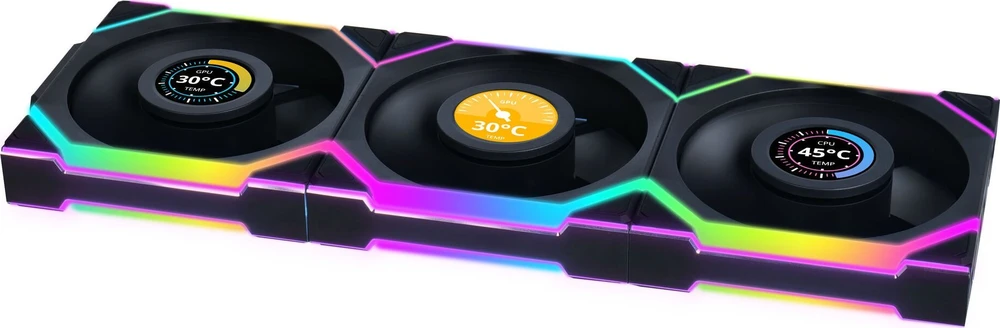 Lian Li UNI FAN SL Wireless LCD korpuso ventiliatorius, ARGB, PWM, 3er-Pack su valdikliu- 120 mm, juodos spalvos