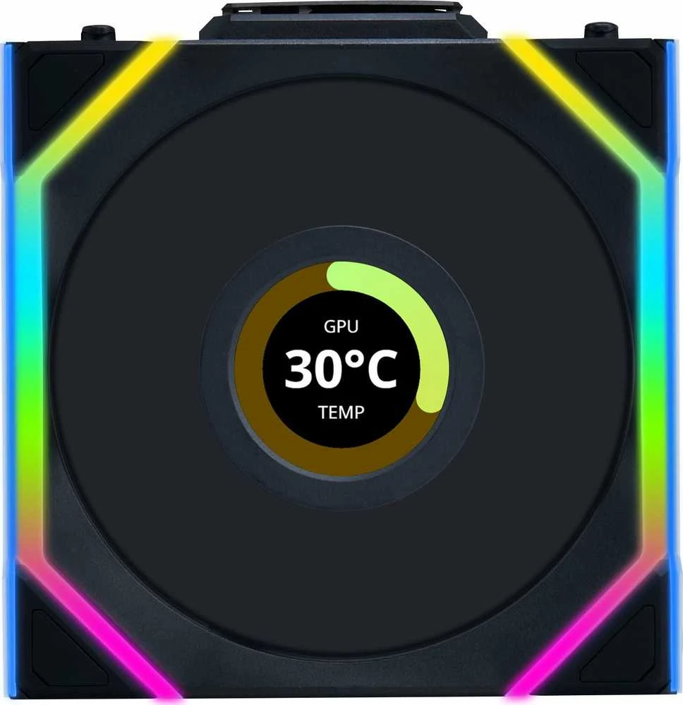 Lian Li UNI FAN SL su LCD ekranu ir GPU temperatūros rodiniais