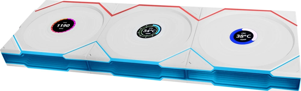 Lian Li UNI FAN TL Wireless LCD korpuso ventiliatorius, ARGB, PWM, 3er-Pack su valdikliu- Reverse Blade, 120 mm, baltos spalvos