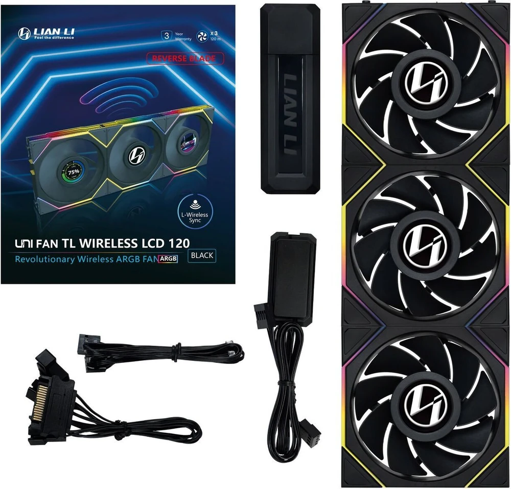 Lian Li UNI FAN TL Wireless LCD korpuso ventiliatorius, ARGB, PWM, 3er-Pack su valdikliu- Reverse Blade, 120mm, juodos spalvos