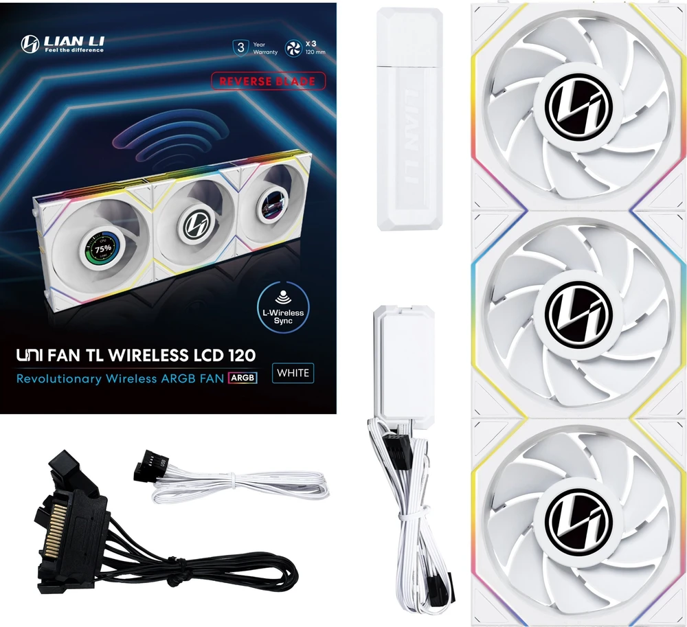 Lian Li UNI FAN TL Wireless LCD korpuso ventiliatorius, ARGB, PWM, 3er-Pack su valdikliu- Reverse Blade, 120 mm, baltos spalvos