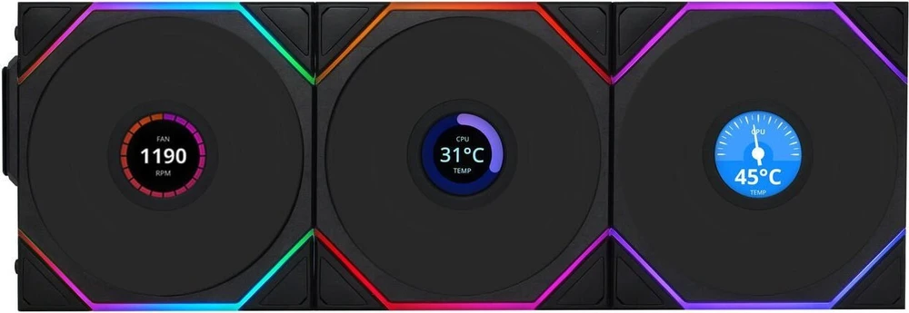 Lian Li UNI FAN TL Wireless LCD korpuso ventiliatorius, ARGB, PWM, 3er-Pack su valdikliu- Reverse Blade, 120mm, juodos spalvos