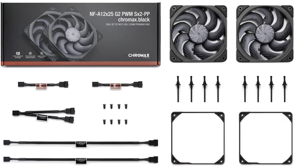 NOCTUA NF-A12x25 G2 Sx2-PP PWM Fan – 2 vnt., 120mm, chromax/juodas