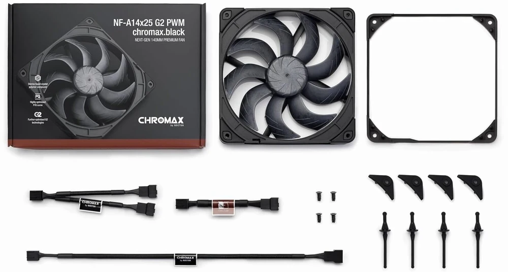 Noctua NF-A14X25 G2 chromax.juodas Fan, PWM, LCP – juodas, 140mm