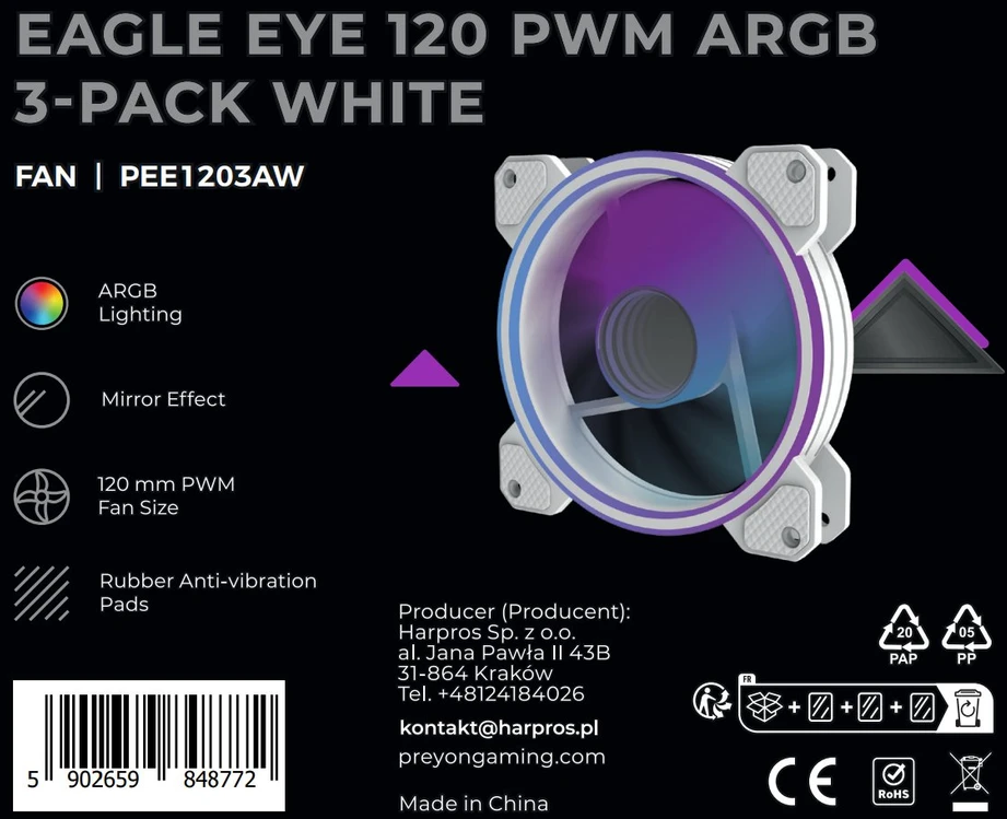 Wentylator PREYON Eagle Eye 120 PWM ARGB 3-PACK Baltas