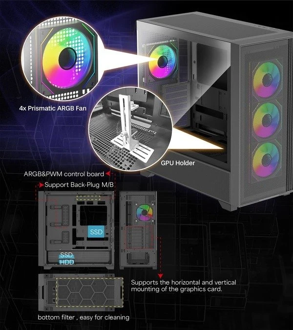 „Xilence Flux X916.ARGB“, bokšto tipo korpusas - juodas, grūdintas stiklas