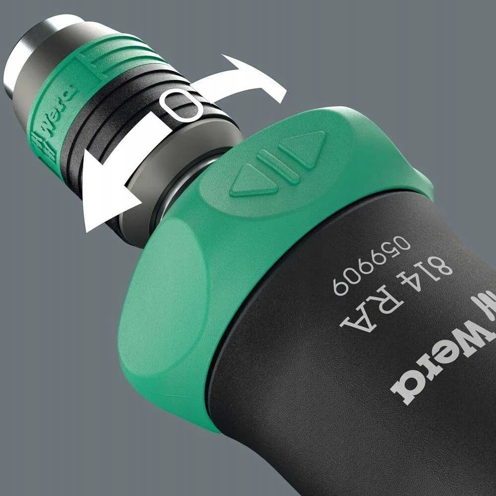 „Wera Kraftform Kompakt Pistol RA-R 2“ terkšlinių atsuktuvų rinkinys – 13 dalių, „Rapidaptor“ antgalių keitimas, integruota antgalių dėtuvė, 2 komponentų pistoleto rankena